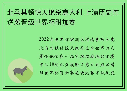 北马其顿惊天绝杀意大利 上演历史性逆袭晋级世界杯附加赛