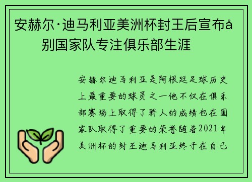 安赫尔·迪马利亚美洲杯封王后宣布告别国家队专注俱乐部生涯